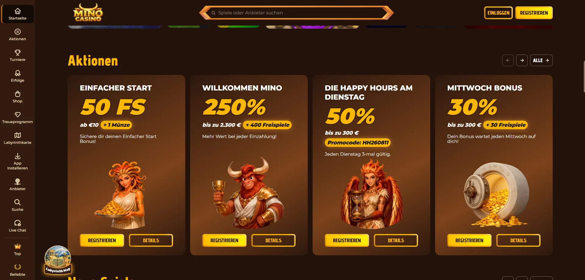 Bonus di benvenuto Mino Casino — fino a €2300 e 400 giri gratis